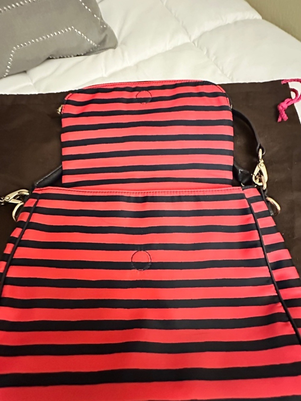 Kate Spade New York Striped Nylon Crossbody Satchel Pink Black Convertible - Picture 4 of 6